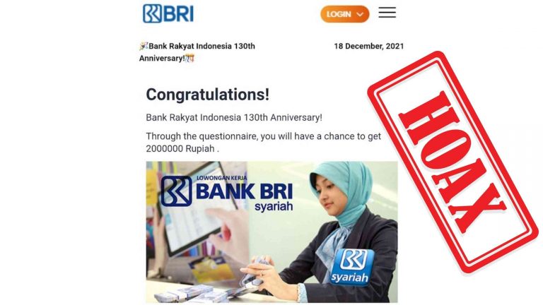 Kabar Hoaks Bagi-bagi Hadiah Bank Rakyat Indonesia 130th Anniversary